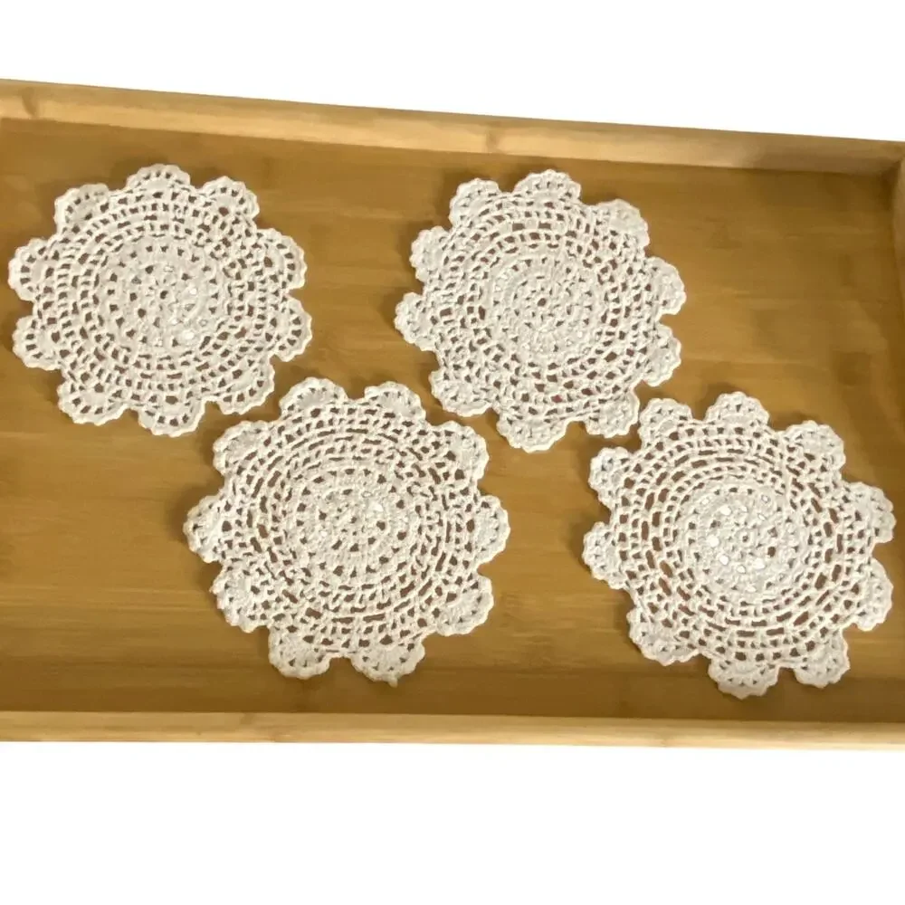 Vintage Handmade Crochet Doilies Set of 4 White Round Cotton Lace 7in